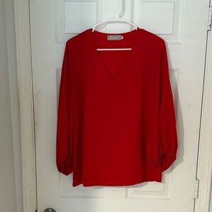 Belongsci Chic Red V-Neck Balloon Sleeve Blouse